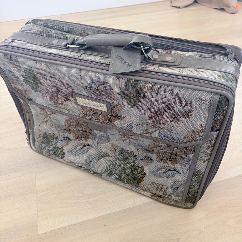 Diane von Furstenberg DVF Floral Tapestry Suitcase Carry On Luggage Grey Vintage